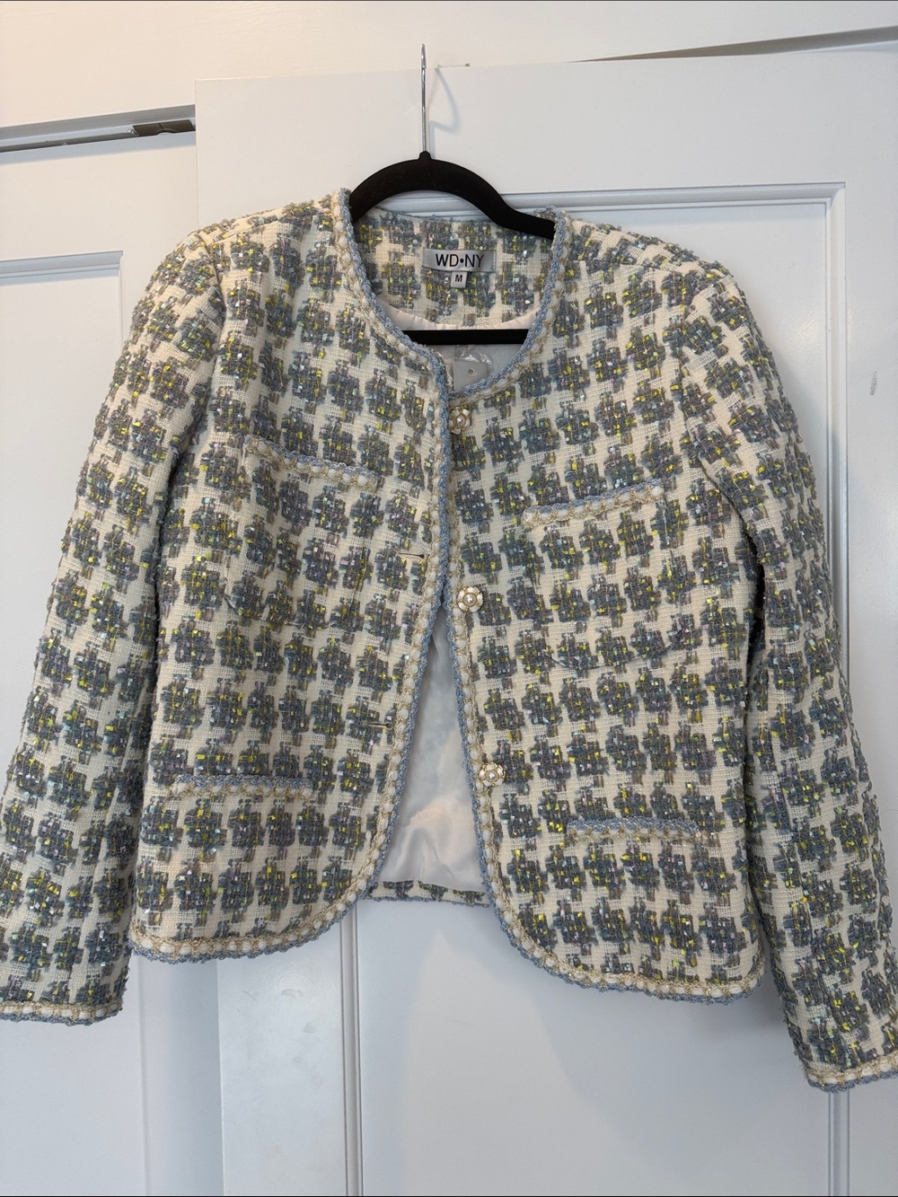 WD.NY Tweed Cropped Jacket in White, Gray and Yellow